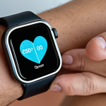 **A close-up of a modern smartwatch on a wrist, subtly glowing with health data visualizations (heart rate, blood oxygen levels), surrounded by faint, blurred outlines of everyday activities. Emphasize the "control center" aspect, suggesting proactive health management.**