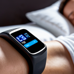 **Close-up of a smartband displaying sleep analysis data: Stages of sleep (light, deep, REM) are clearly visible on the screen. A person is peacefully sleeping in the blurred background.** (Focuses on advanced sleep monitoring.)