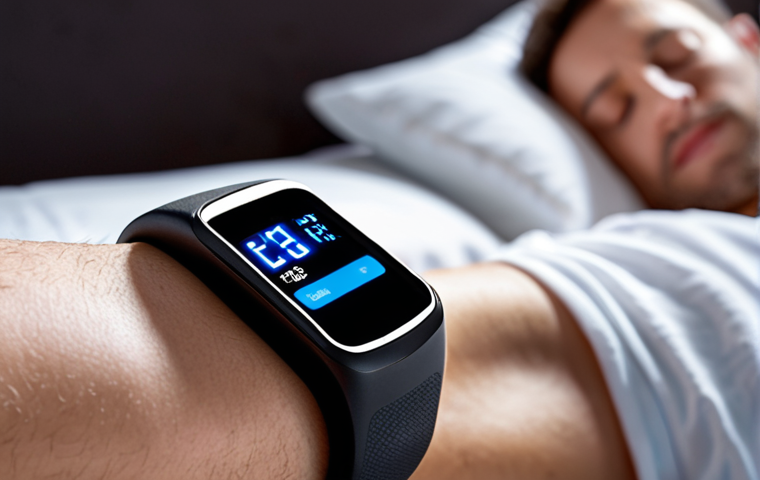 **Close-up of a smartband displaying sleep analysis data: Stages of sleep (light, deep, REM) are clearly visible on the screen. A person is peacefully sleeping in the blurred background.** (Focuses on advanced sleep monitoring.)