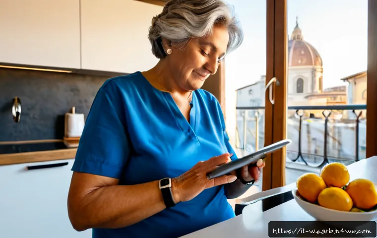 Home 15 웨어러블 기기와 헬스케어 데이터의 활용 방안 - Photorealistic Italian senior woman in a sunlit Milan apartment kitchen, wearing a simple smartwatch...