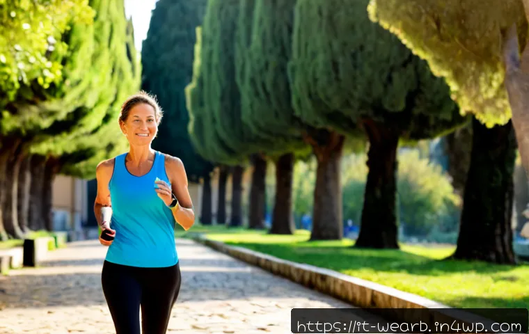 웨어러블 기기를 통한 운동 추적 방법 - Photorealistic morning scene in a sunny Italian city park, active middle-aged woman in modest runnin...